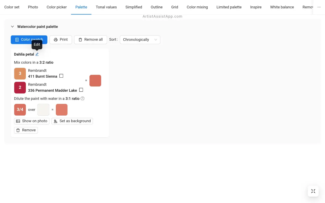 Editing a color mixture name in ArtistAssistApp