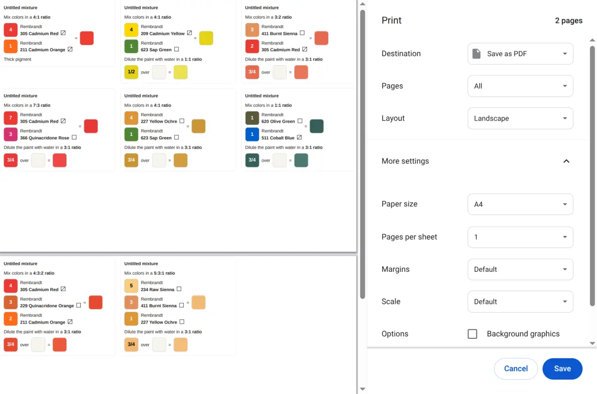 Printing ArtistAssistApp palette