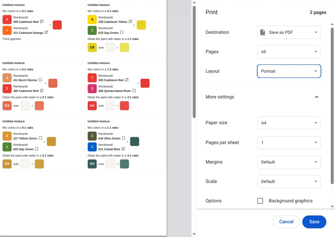 Printing ArtistAssistApp palette
