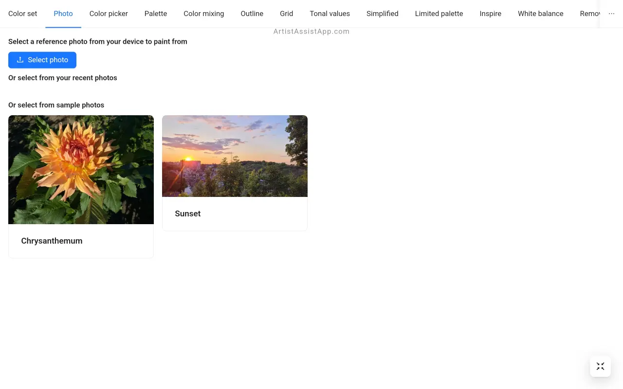 Selecting a reference photo in ArtistAssistApp