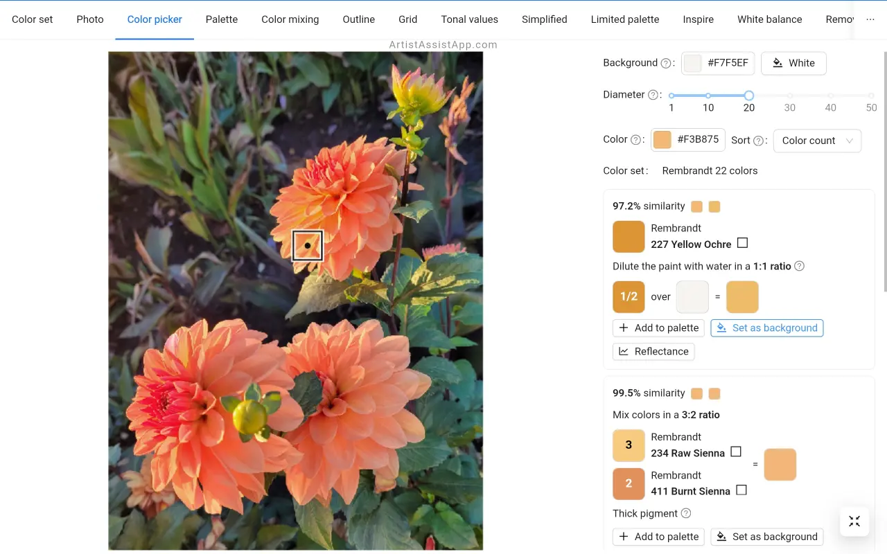 Optical color mixing (glazing) in ArtistAssistApp