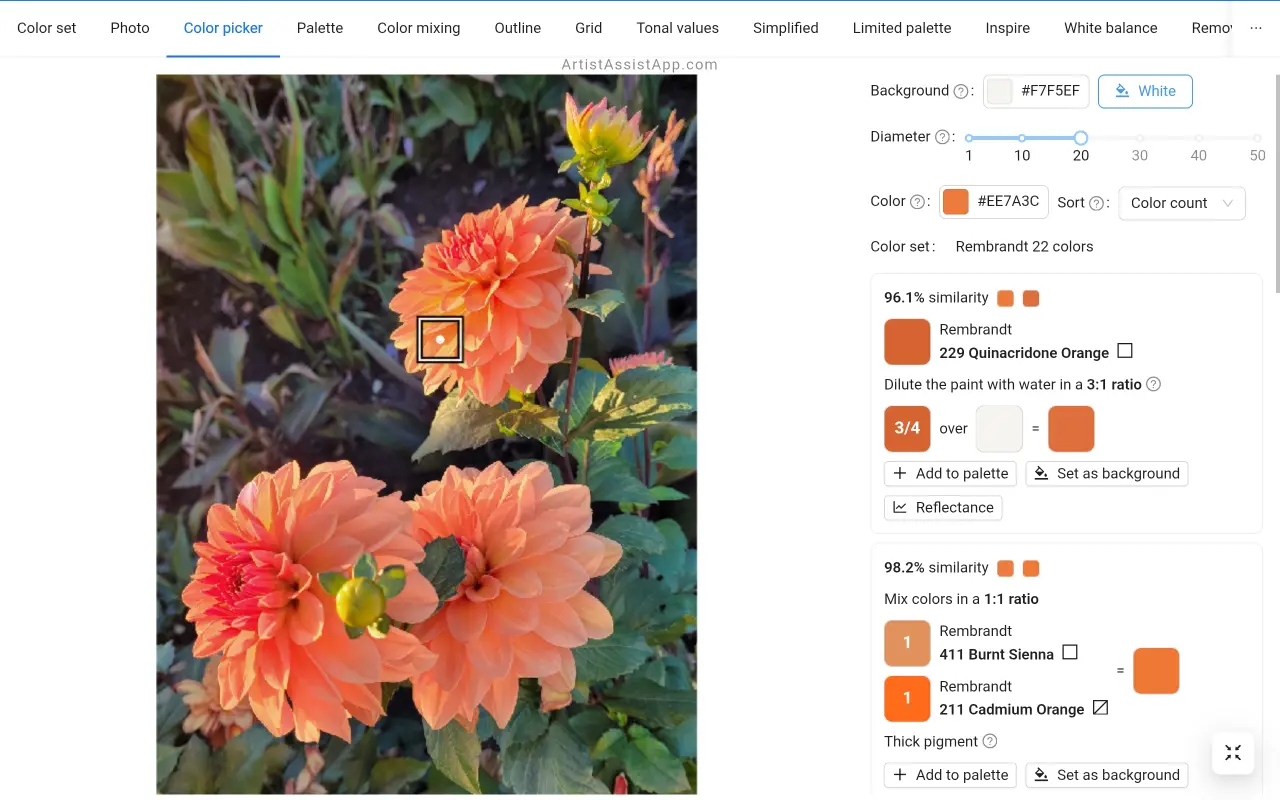 Optical color mixing (glazing) in ArtistAssistApp