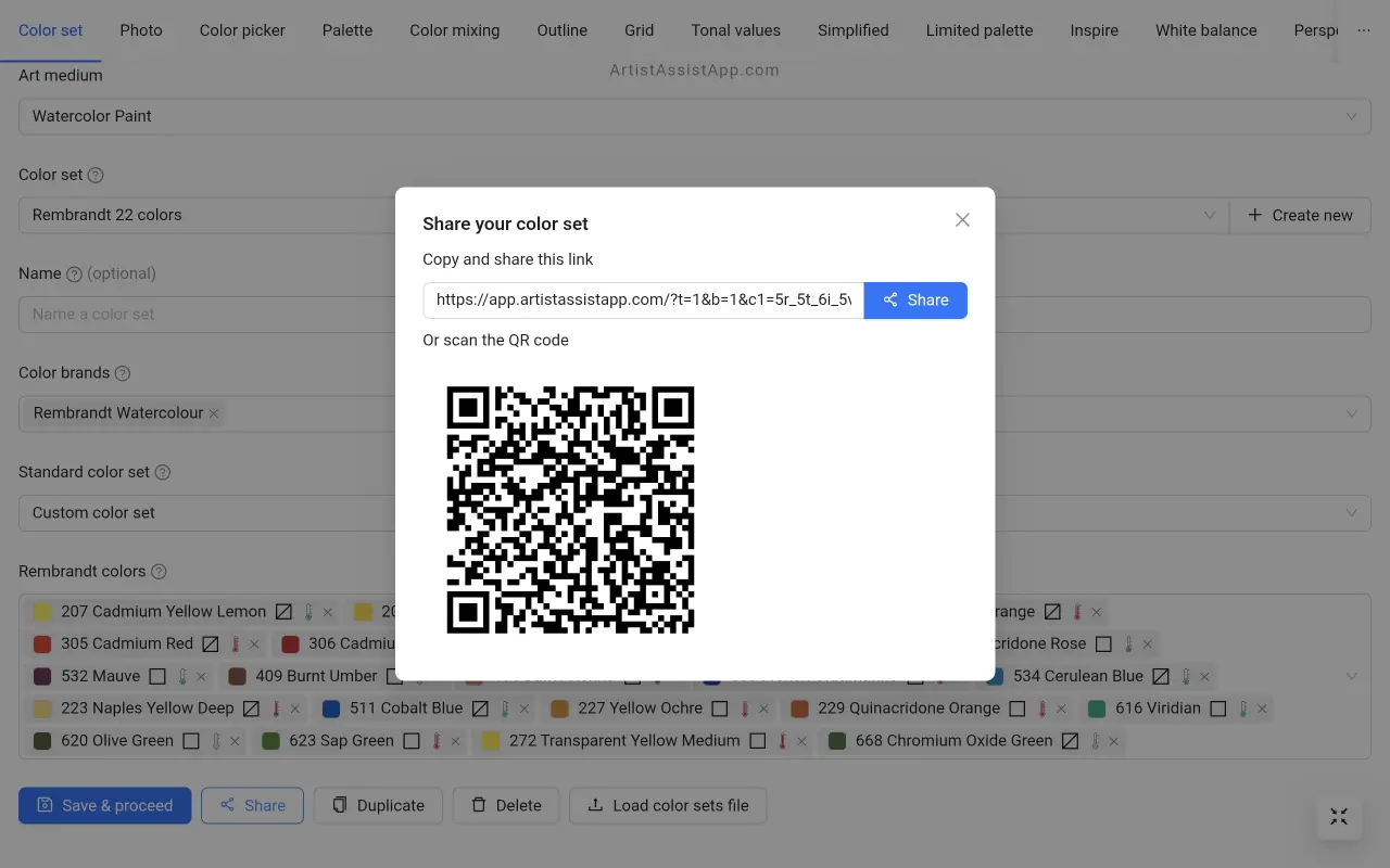 Condivisione di un set di colori tra dispositivi in ArtistAssistApp