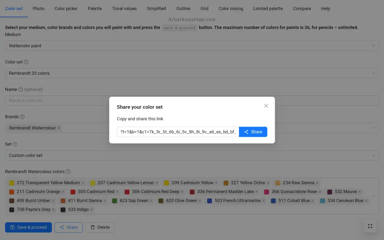 ArtistAssistApp: condivisione del set di colori