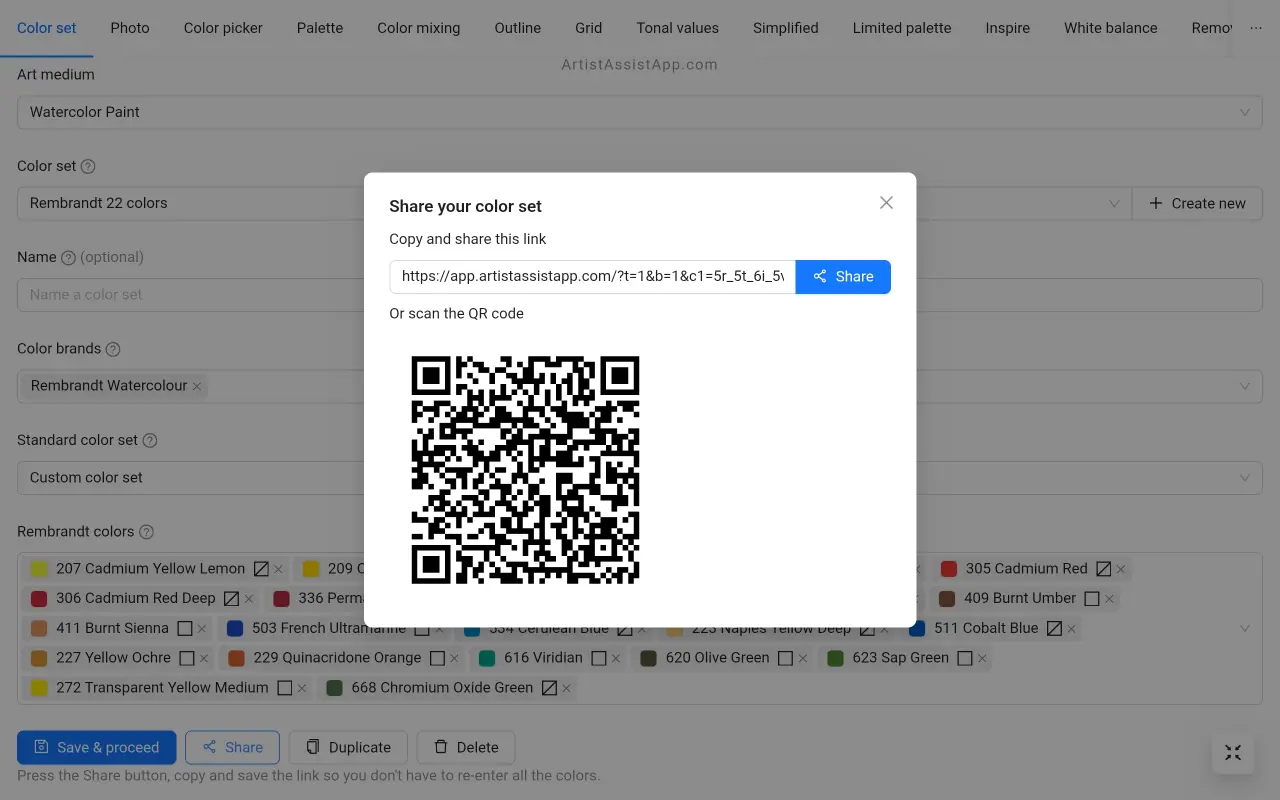 ArtistAssistApp'te cihazlar arasında bir renk kümesini paylaşma
