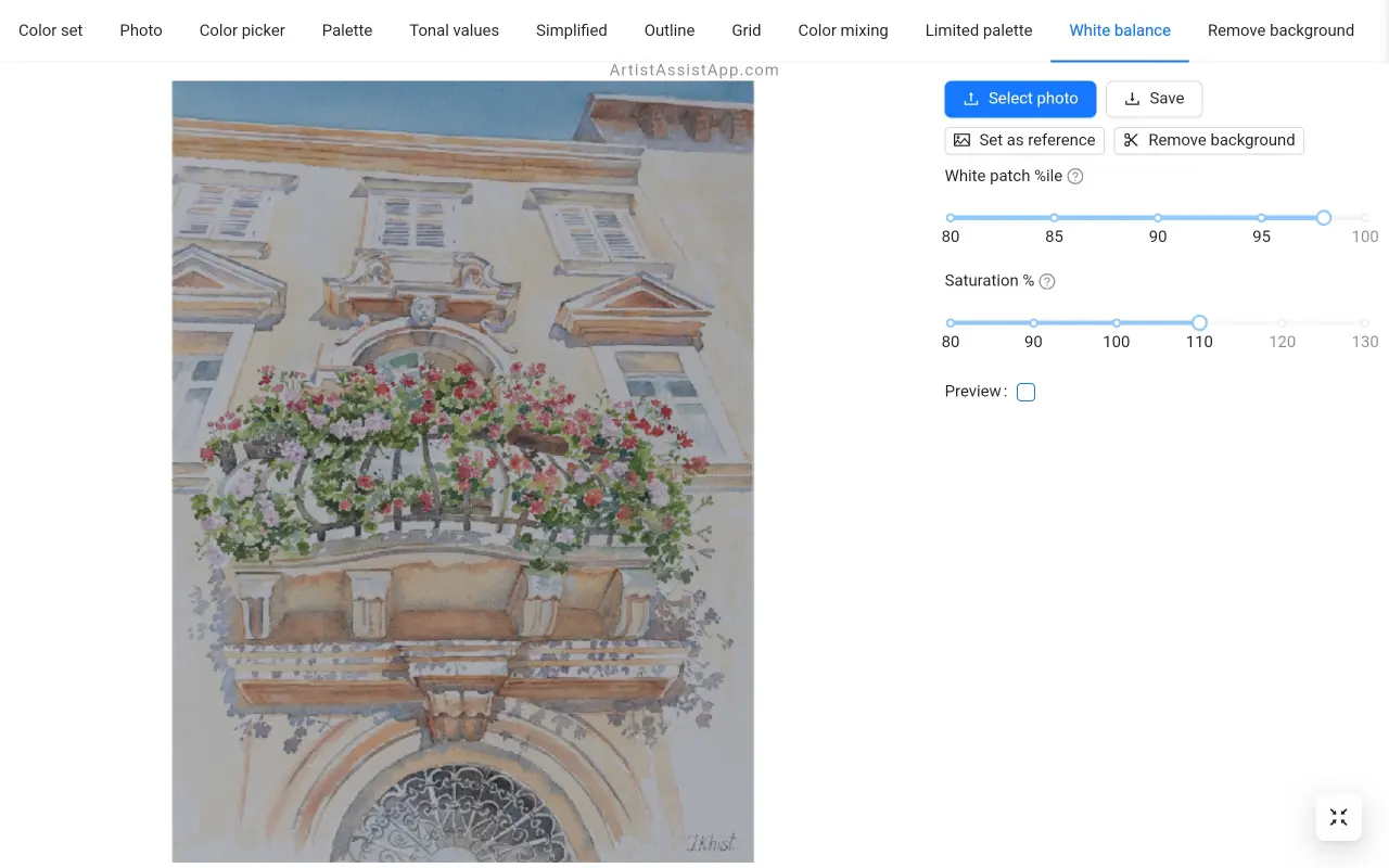 White balance and saturation adjustment in ArtistAssistApp