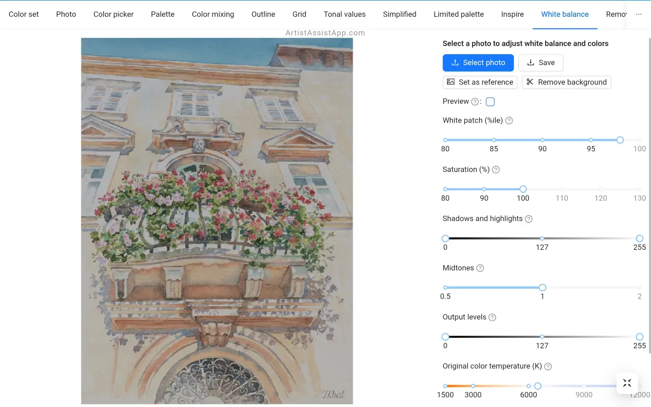 White balance and saturation adjustment in ArtistAssistApp