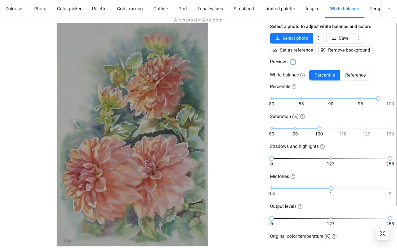 Balanço de branco e ajuste de cor no ArtistAssistApp