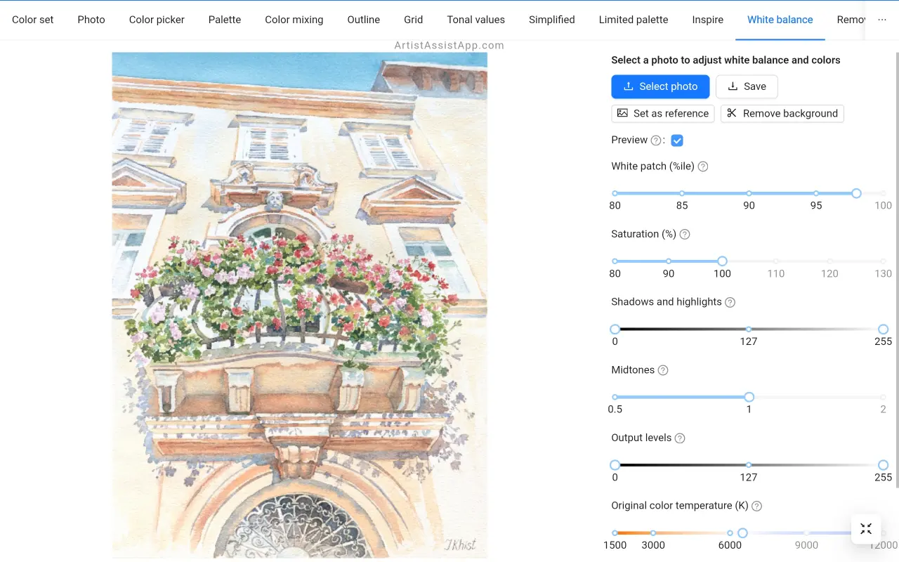 White balance and saturation adjustment in ArtistAssistApp