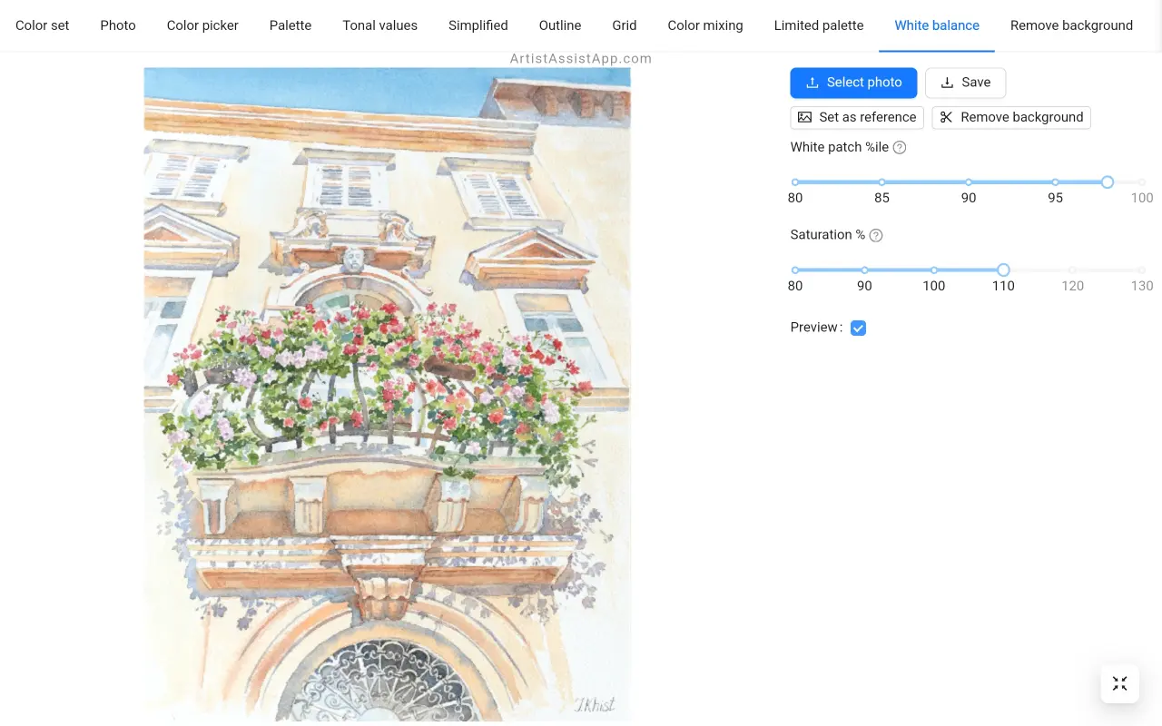 White balance and saturation adjustment in ArtistAssistApp