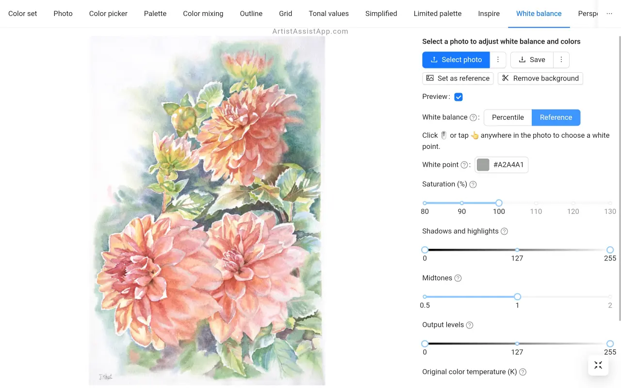 White balance adjustment in ArtistAssistApp