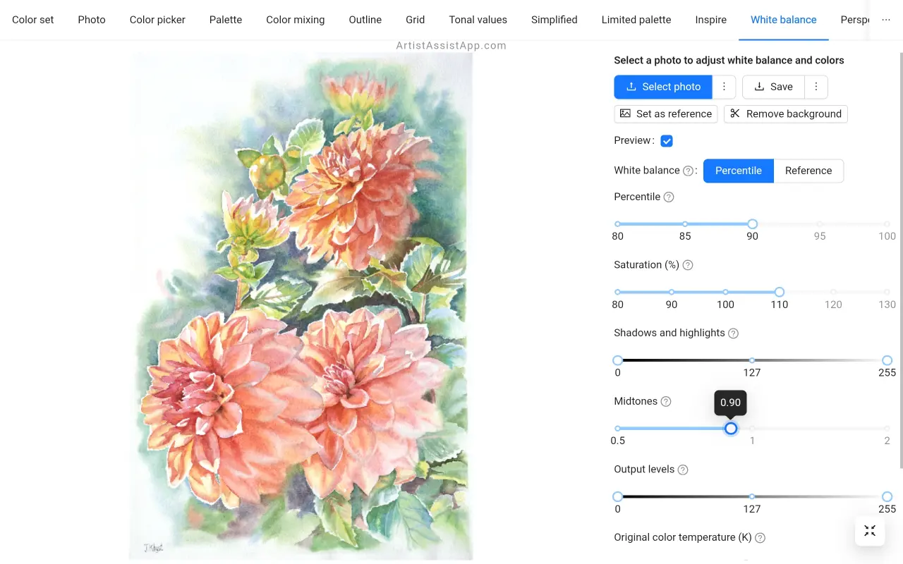 Balanço de branco e ajuste de cor no ArtistAssistApp